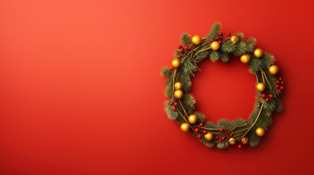  a christmas wreath on a red background with a gold bauble and red bauble on the bottom of the wreath is a gold bauble and red bauble.
