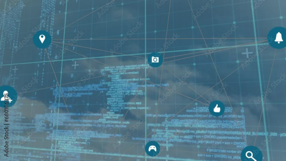 Poster animation of globe with connections and data processing over clouds