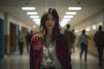 Obraz premium Portrait of a content woman in her 20s dressed in a relaxed flannel shirt against a bustling school hallway. AI Generation