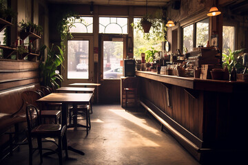 Fototapeta premium Cozy vintage cafe interior with wooden tables, a serving counter, and warm lighting