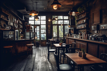Cozy cafe interior with wooden tables and chairs, a counter, and large windows overlooking a street