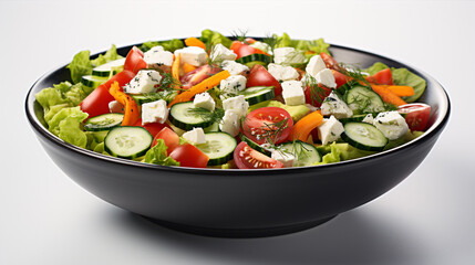 A Greek salad with cheese and veggies isolated on a white background.
