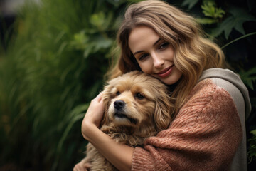 Embracing Moments: Woman and Dog in Garden
