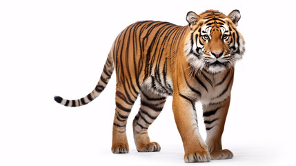 Fototapeta premium A regal striped feline hunts its quarry, framed in a milky backdrop of white.