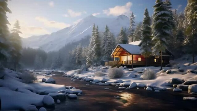Wooden house by a flowing stream, all around snowy landscape of trees, mountain ranges, covered with snow. A short video of beautiful white snow.