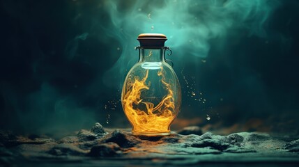  a glass bottle filled with liquid sitting on top of a pile of rocks in the middle of a dark room with smoke coming out of the top of the bottles. - Powered by Adobe