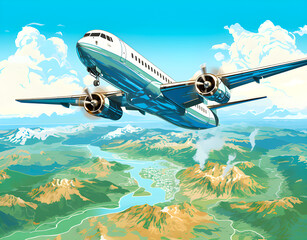 Obraz premium blue airplane flying over a colorful, illustrated map with green mountains and blue rivers under a sky with fluffy white clouds