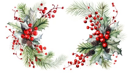  two christmas wreaths with holly berries and pine cones on a white background with red berries and pine cones on the left and on the right side of the wreath.