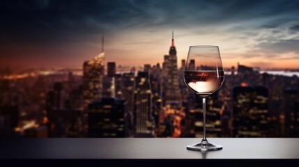  a glass of wine sitting on top of a table in front of a view of a city with skyscrapers and a skyscraper lit up at night in the distance.