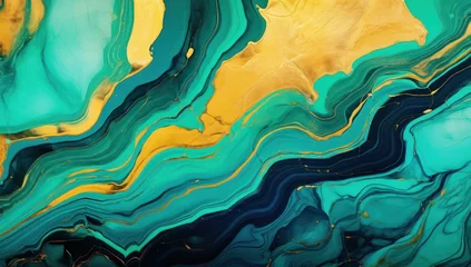 Rideaux occultants Cristaux A captivating turquoise and gold fluid art pattern with swirling, marbled textures, perfect for adding a touch of elegance to your creative projects.