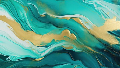 A captivating turquoise and gold fluid art pattern with swirling, marbled textures, perfect for...