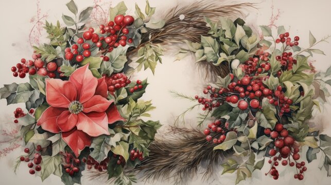  a painting of a wreath with poinsettis, holly, and a poinsetti on a white background with red berries, green leaves and green leaves.