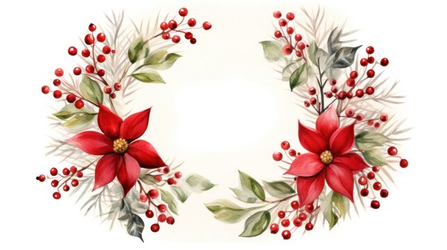  a watercolor painting of a christmas wreath with poinsettis and berries on a white background with a place for the word merry christmas written in the center.