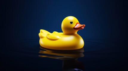  a yellow rubber duck floating on top of a body of water with a reflection of it's head on the surface of the water and a dark blue background.
