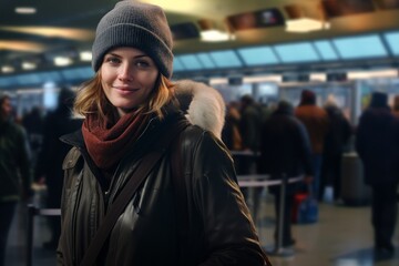 Obraz premium Portrait of a glad woman in her 40s dressed in a warm ski hat against a bustling airport terminal. AI Generation