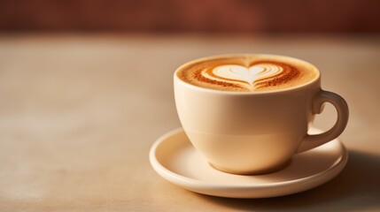  a cappuccino on a saucer with a heart drawn in the foam on top of the cappuccino is sitting on a saucer on a table.