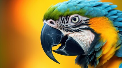 Fototapeta premium a close up of a parrot's face with a yellow and blue back ground and a yellow back ground with a yellow back ground and a yellow back ground.