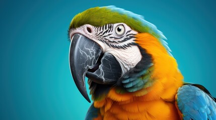  a close up of a parrot with a blue and yellow color scheme on it's face and neck, with a blue background and a blue sky in the background.