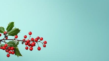  a branch of holly with red berries and green leaves on a light blue background with copy - space in the middle of the image for a christmas card ornament.