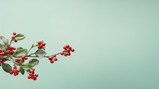  a branch with red berries and leaves on a green background with a blue sky in the backgrounnd of the image is a branch with green leaves and red berries.