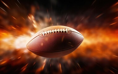 Super bowl poster. Traditional American football with halo on dark background. Rugby ball in the space. Fire motion rays, dust, light burst. AI Generative