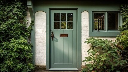  a green door in front of a white brick house with a green shuttered window and a green shuttered door with a sign on the side of the door.