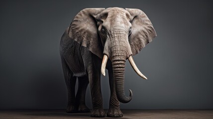  an elephant with tusks is standing in a dark room with a gray wall and a black background with a white spot on the top of the elephant's tusks.