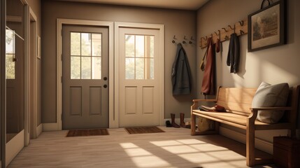  a wooden bench sitting in front of a doorway next to a doorway with a coat rack on the side of it and a wooden bench on the other side of the door.