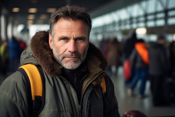 Fototapeta premium Portrait of a content man in his 50s donning a durable down jacket against a bustling airport terminal. AI Generation