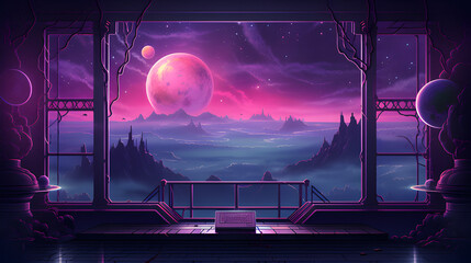 a purple space themed window screen wallpecker, in the style of parallax, colorful landscapes, website, sabattier filter, hyper-detailed illustrations, aetherclockpunk, outrun