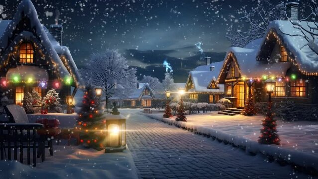 christmas decoration in the village in the snow with cartoon style. seamless looping time-lapse virtual video animation background.	
