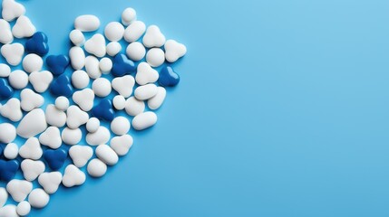  a pile of white and blue pills laying on top of each other on top of a blue surface with one pill in the middle of the pile of the pills. - Powered by Adobe