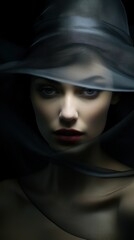  a woman wearing a black hat with a veil on her head and a black dress with a red lip and a black hat on her head and a black background.