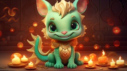  a cartoon character sitting in front of a bunch of lit candles with a cat on it's chest and a dragon on the other side of it's head.