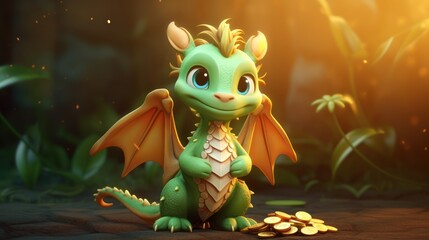  a little green dragon sitting on top of a pile of gold coins in front of a forest with lots of green leaves and a bright light shining on the background.