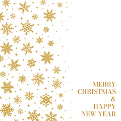 Fototapeta na wymiar Merry Christmas greeting banner with snow flake boarders, white and gold winter background, vector wallpaper design