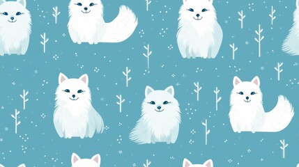 Fototapeta premium a pattern of white foxes on a blue background with snow flakes and snowflakes on the bottom half of the image, and on the bottom half of the image is a blue background with white snowflakes