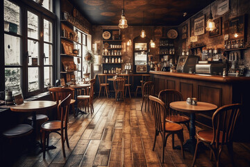 Fototapeta na wymiar Cozy vintage cafe or pub interior with wood furniture, bar counter