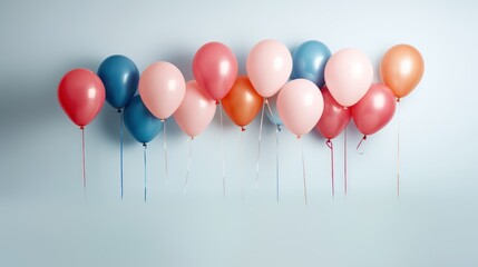  a row of balloons with red, blue, and pink balloons hanging from the top of each balloon in a row on a blue background with a light blue wall.