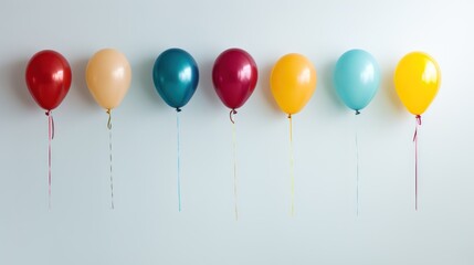  a row of multicolored balloons with a string attached to the end of the balloon are lined up in a row on a white background with a white wall.