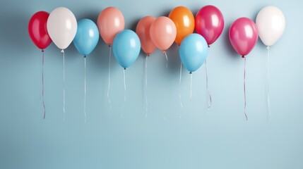  a bunch of balloons are lined up in a row on a blue background with a string attached to one of the balloons and two of the balloons are in the same color.