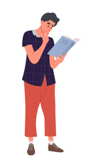 Man stands and reads a book. Education hobby concept vector illustration.
