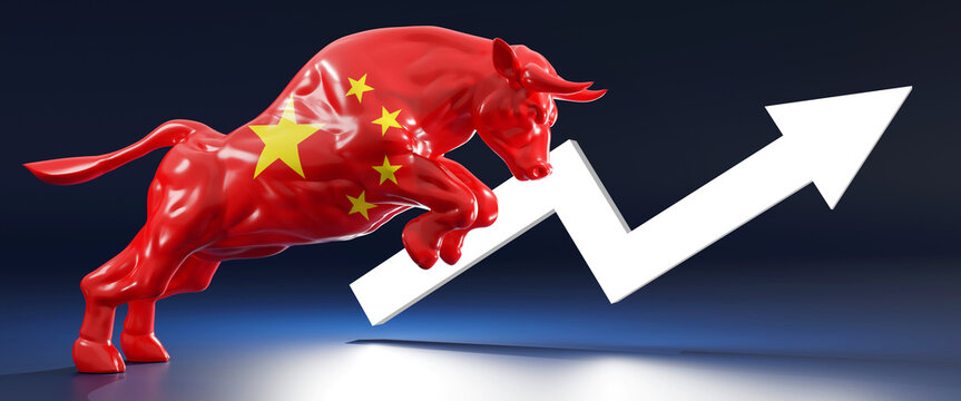 Horizontal banner of a bull with China flag on plain empty black background with ascending arrow. Presentation background image with copy space represents China bull stock market. 3d rendering	