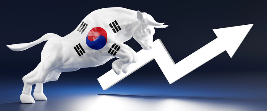 Horizontal banner of a bull with South Korea flag on plain empty black background with ascending arrow. Background image with copy space represents Korea bull stock market. 3d rendering	