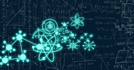 Animation of chemical formula and mathematical equations on black background - Powered by Adobe