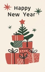 Christmas card with text Happy New Year. Illustration in 2D drawn style celebrating holiday 2024