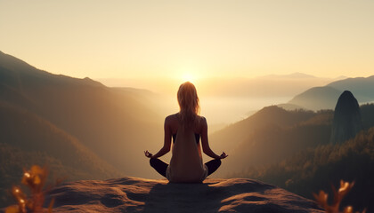 Radiant Woman Finding Zen: Yoga and Meditation at Sunrise in Tranquil Mountain Landscape