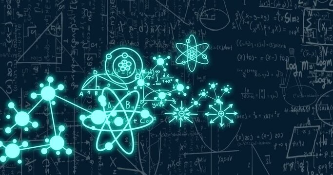 Animation of chemical formula and mathematical equations on black background