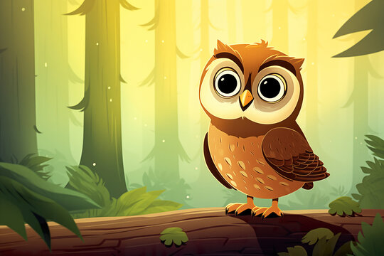 Cartoon Image of a Cute Owl Sitting in a Summer Forest