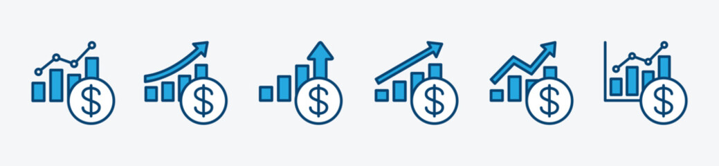 Financial increase graph icon set. Rising financial chart or graph. Increase money graphic. Up or growth arrow, graph, chart and diagram of finance. Vector illustration